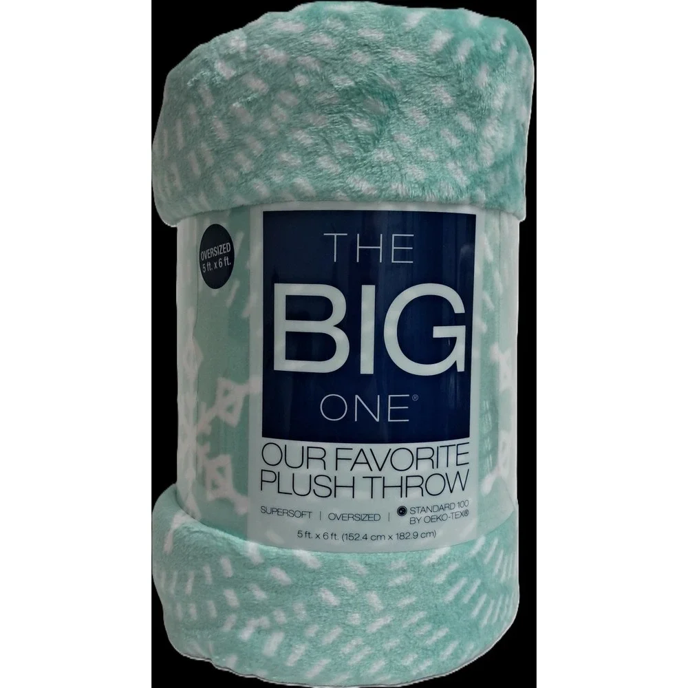 Christmas Plush Throw Blanket 5' x 6', Soft and Cozy, Snowflakes, Lt Green